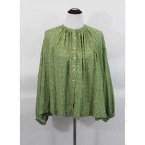DOEN Sz L Large Jane Blouse Spring Garden Floral Print Green Top Button Down